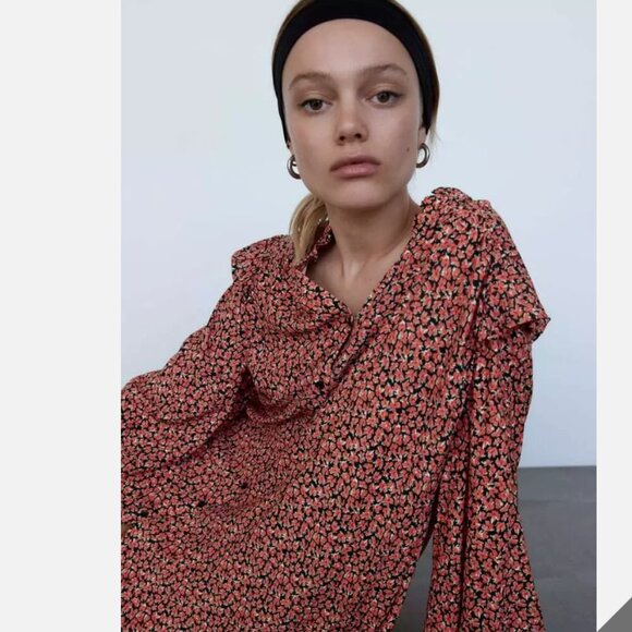 Zara Red Floral Printed Button Ruffle Shoulder Long Sleeve Mini Dress XL - Picture 13 of 13